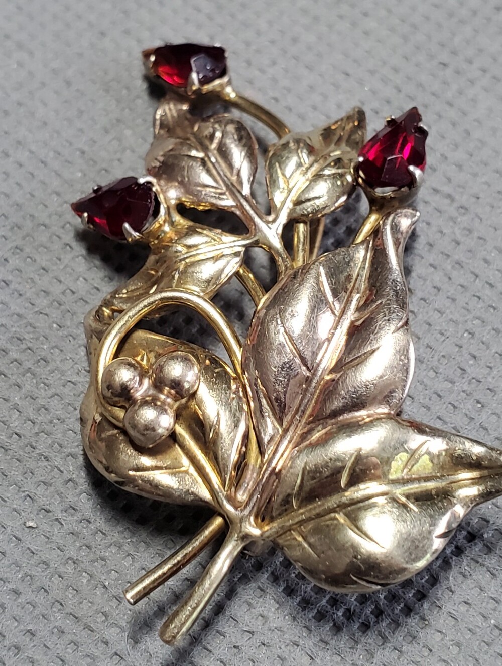Vintage 1950 Sterling Silver 12k Gold Filled Leaf Vermeil Brooch  Red Rhinestone